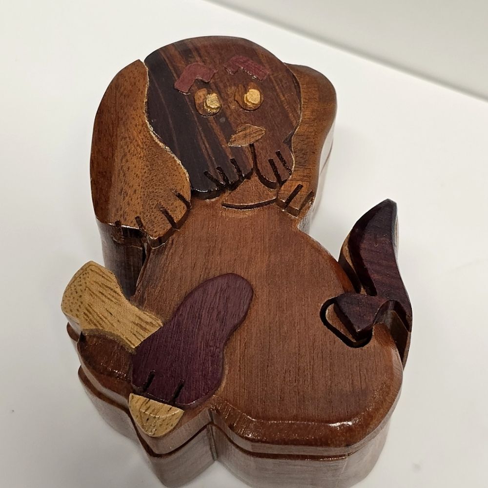 Hand Carved Wooden Puzzle Puppy Dog Trinket Box Vintage Jewelry Box